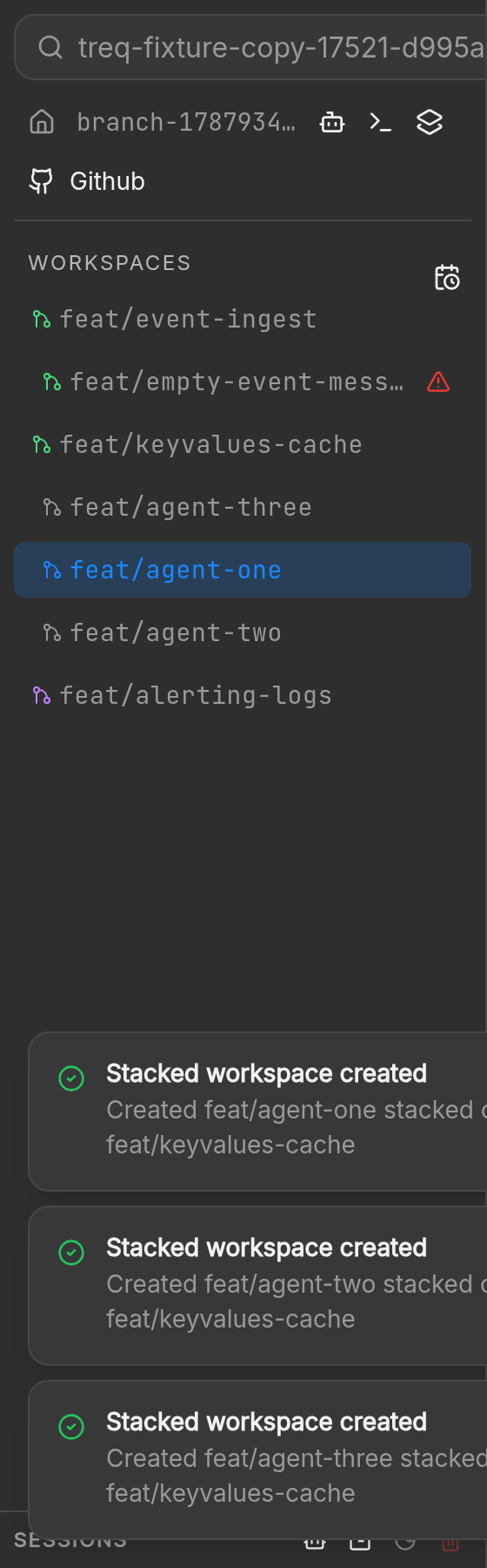 Sidebar after three new agent workspaces appear